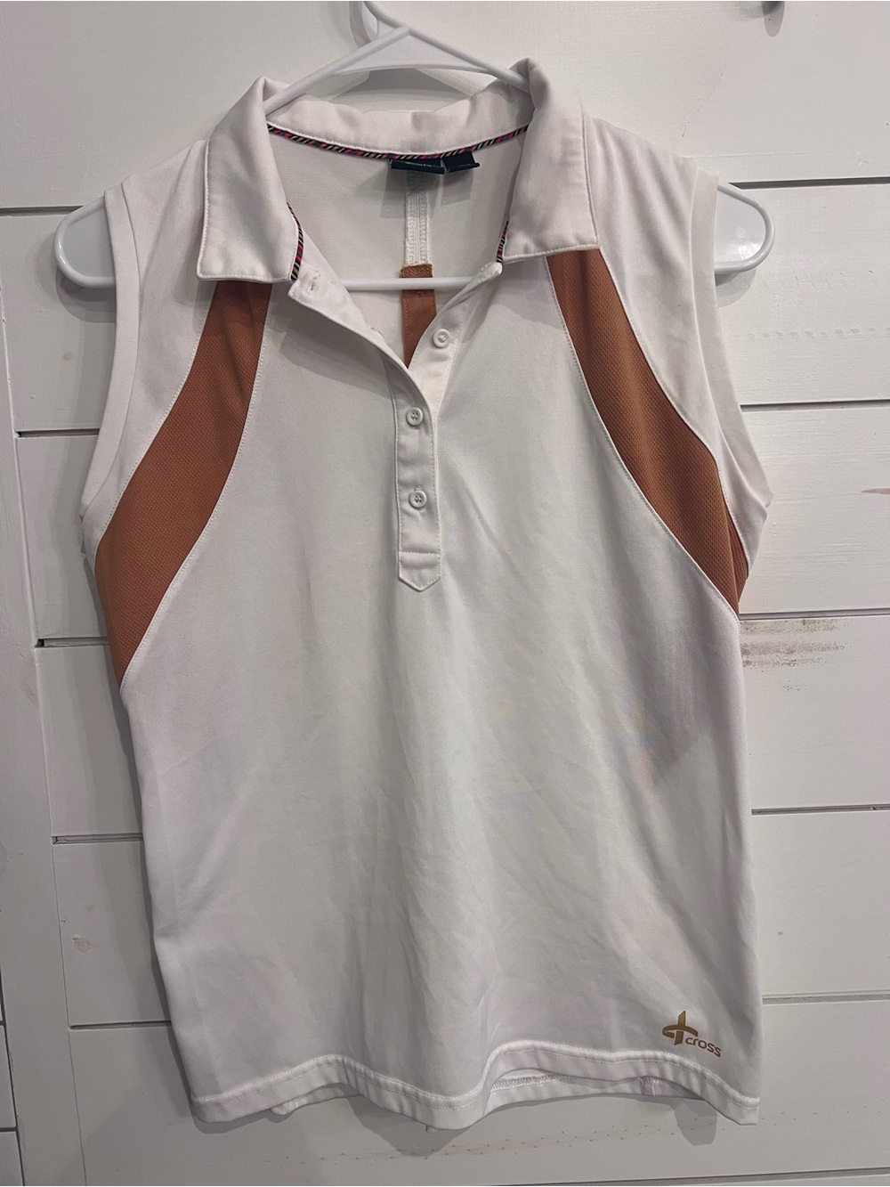 White Sleeveless Athletic Polo Tank with Tan Panels Golf or Pickleball Shirt